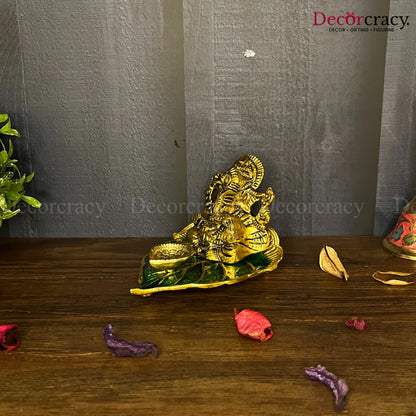 Shree Ganesh Diya Deepak on Green Leaf patta ganesh Metal golden
