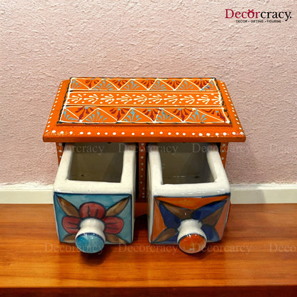2 Drawer Ceramic Hand Painted Wooden Rajasthani Horizontal