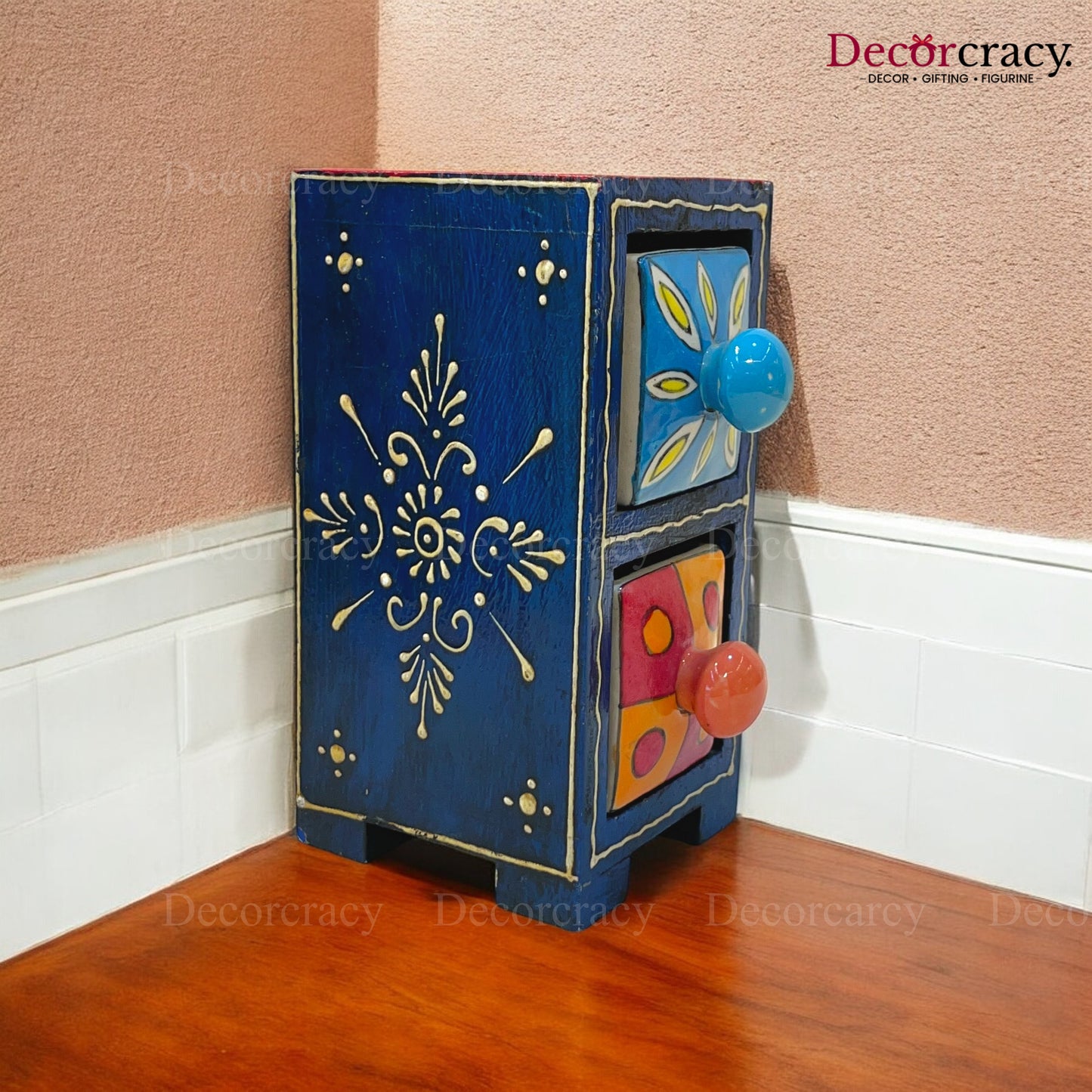 2 Drawer Ceramic Hand Painted Wooden Rajasthani Vertical