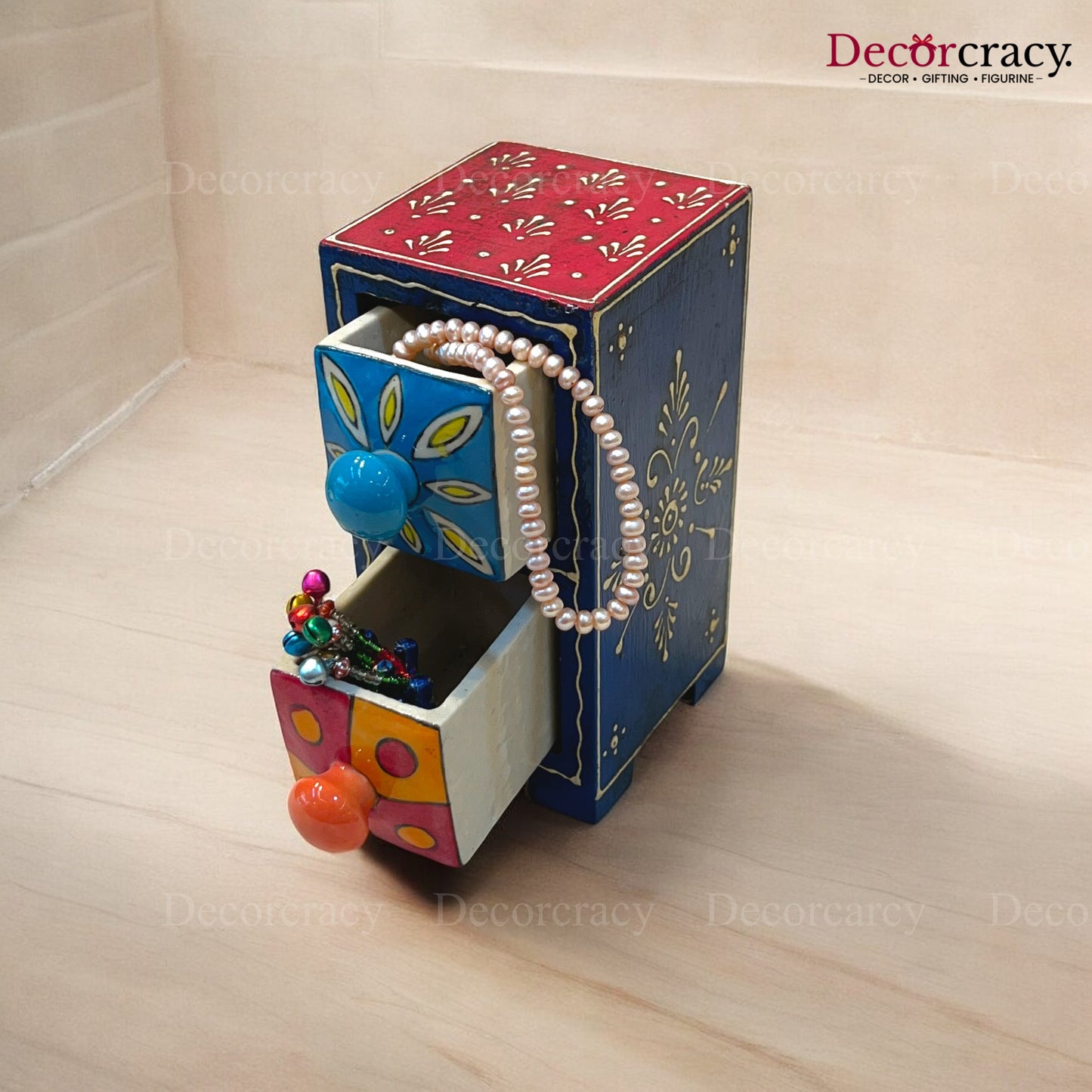 2 Drawer Ceramic Hand Painted Wooden Rajasthani Vertical
