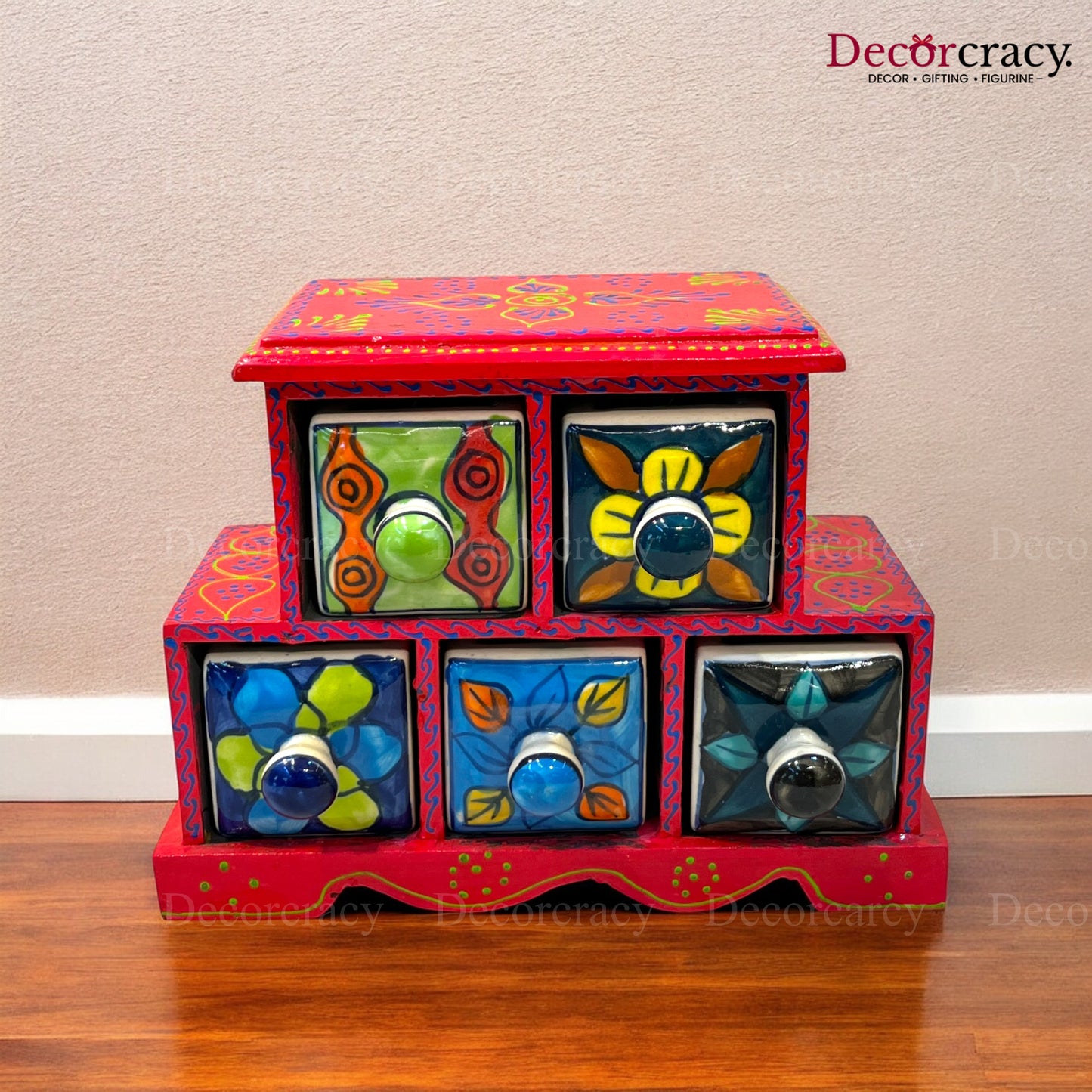 5 Drawer Ceramic Hand Painted Wooden Rajasthani