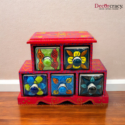 5 Drawer Ceramic Hand Painted Wooden Rajasthani