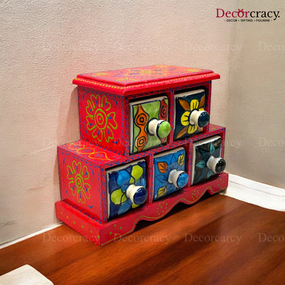 5 Drawer Ceramic Hand Painted Wooden Rajasthani