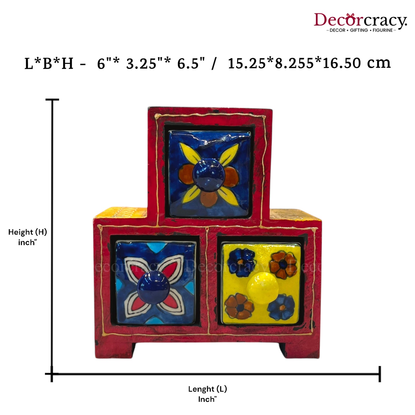 3 Drawer Ceramic Hand Painted Wooden Rajasthani