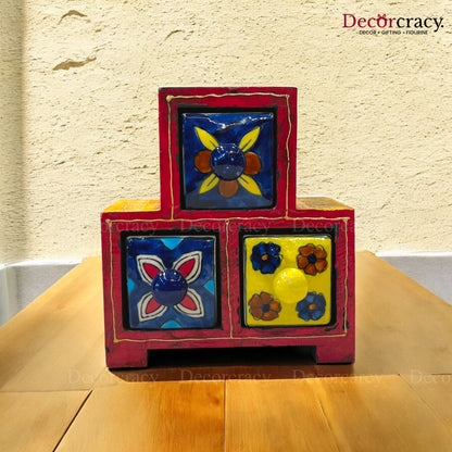 3 Drawer Ceramic Hand Painted Wooden Rajasthani