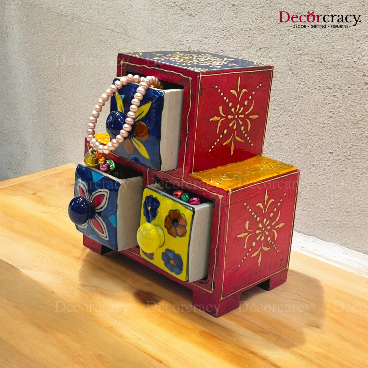 3 Drawer Ceramic Hand Painted Wooden Rajasthani