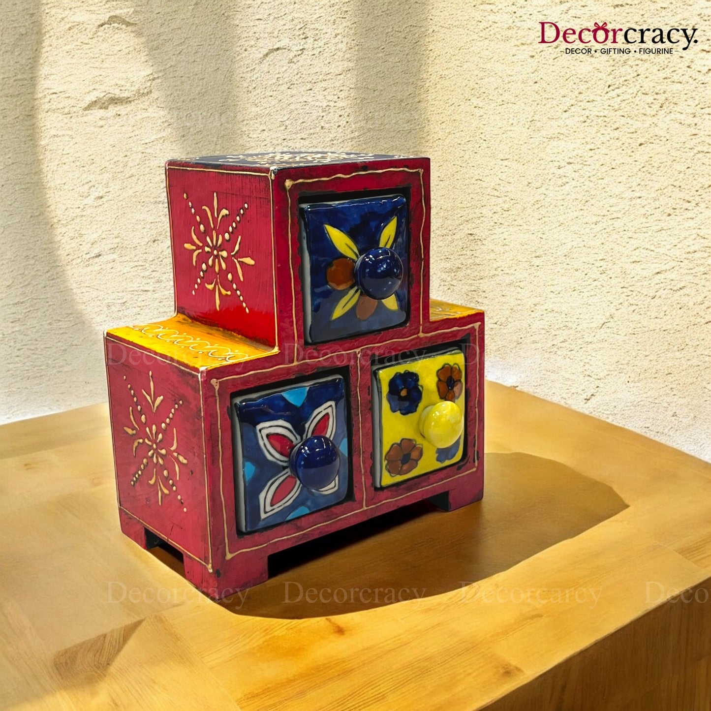 3 Drawer Ceramic Hand Painted Wooden Rajasthani