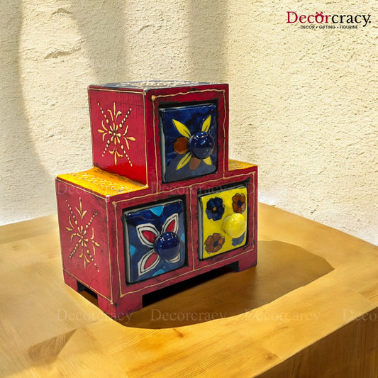 3 Drawer Ceramic Hand Painted Wooden Rajasthani