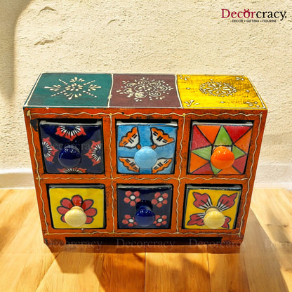 6 Drawer Ceramic Hand Painted Wooden Rajasthani