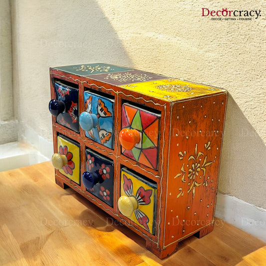 6 Drawer Ceramic Hand Painted Wooden Rajasthani