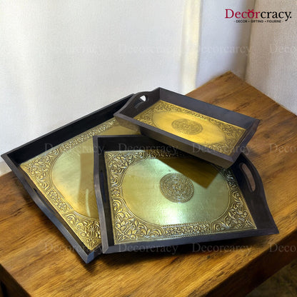 3pc Serving Tray Brass Sheet & Wooden Rajasthani