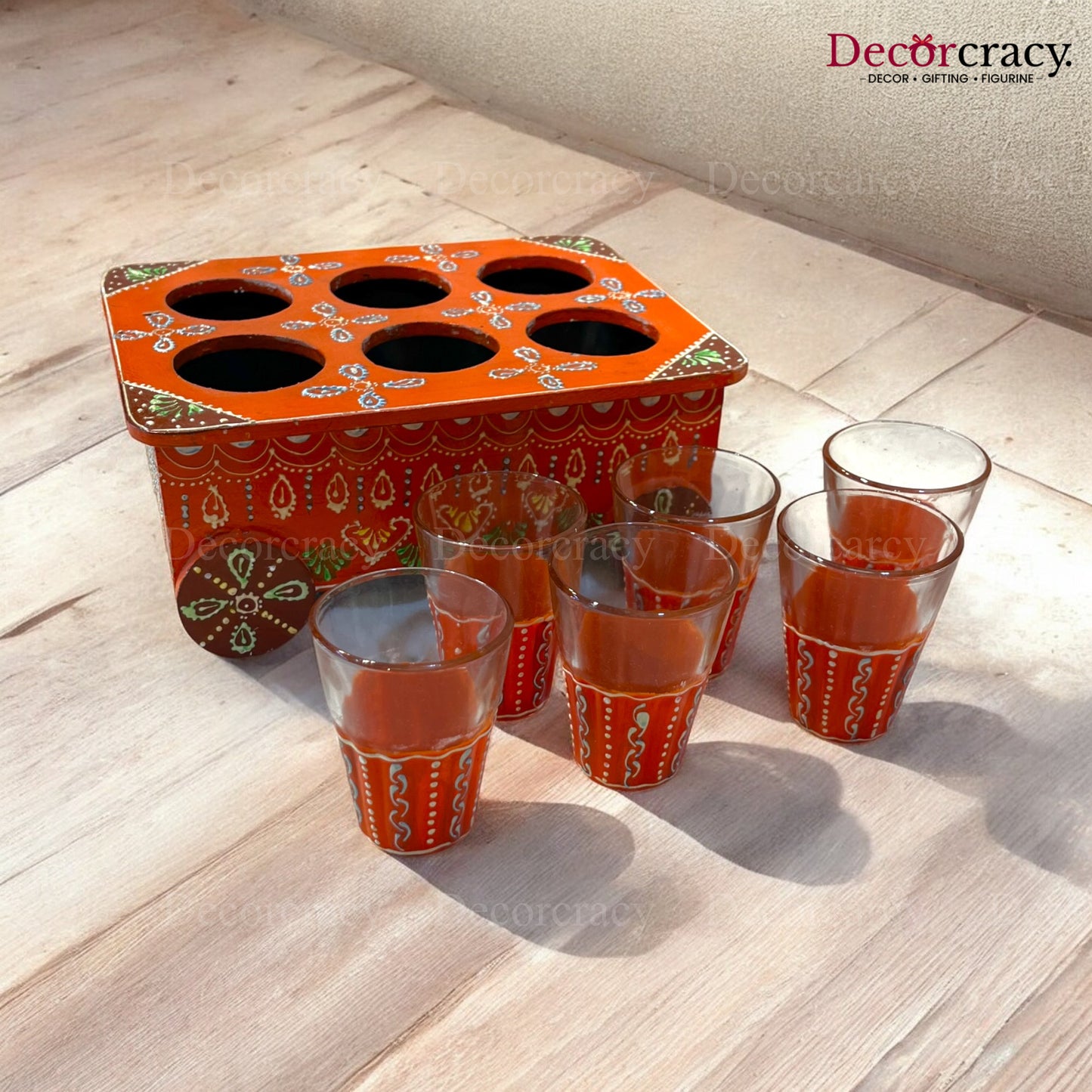6pc Glass Thela Set Hand Painted Wooden Rajasthani