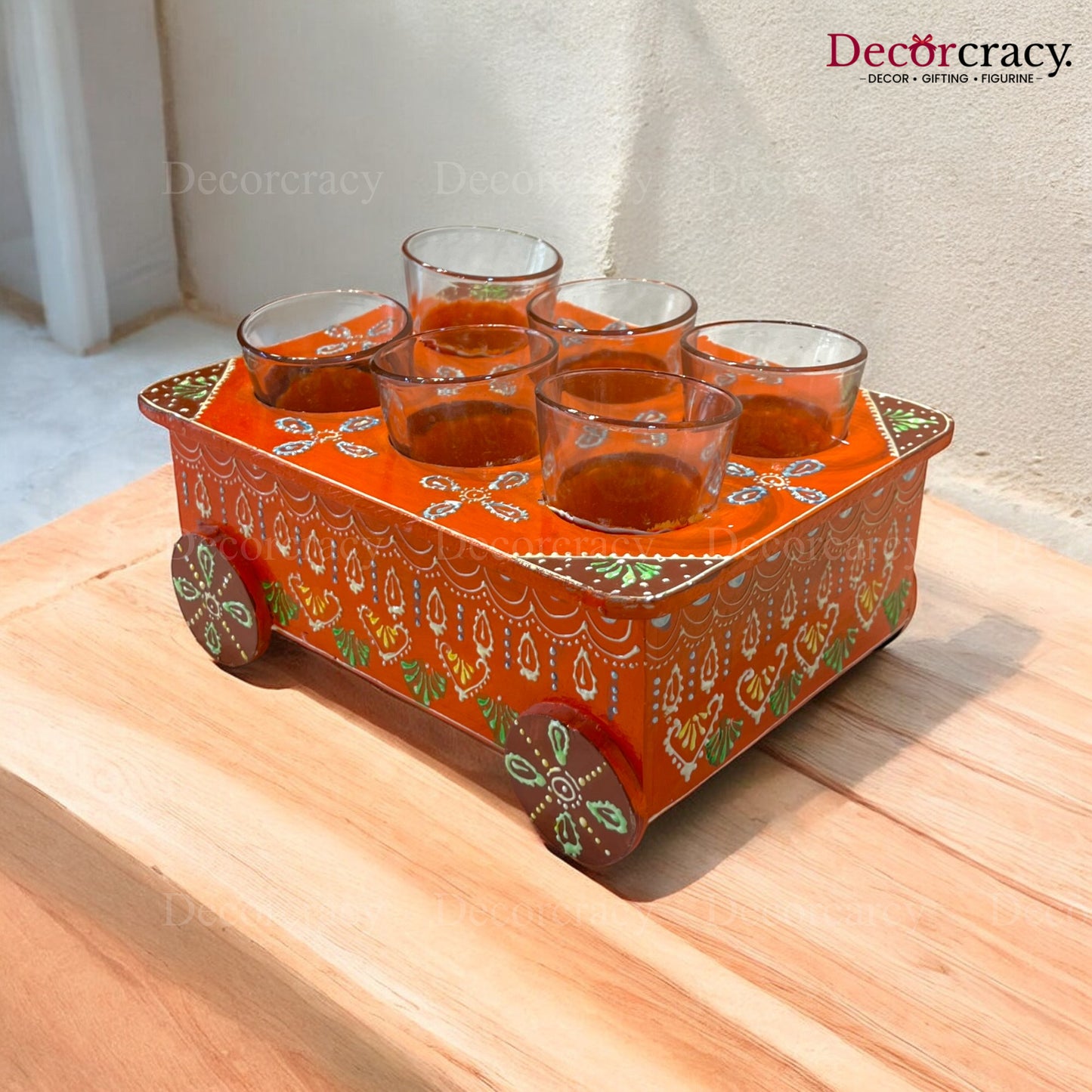 6pc Glass Thela Set Hand Painted Wooden Rajasthani