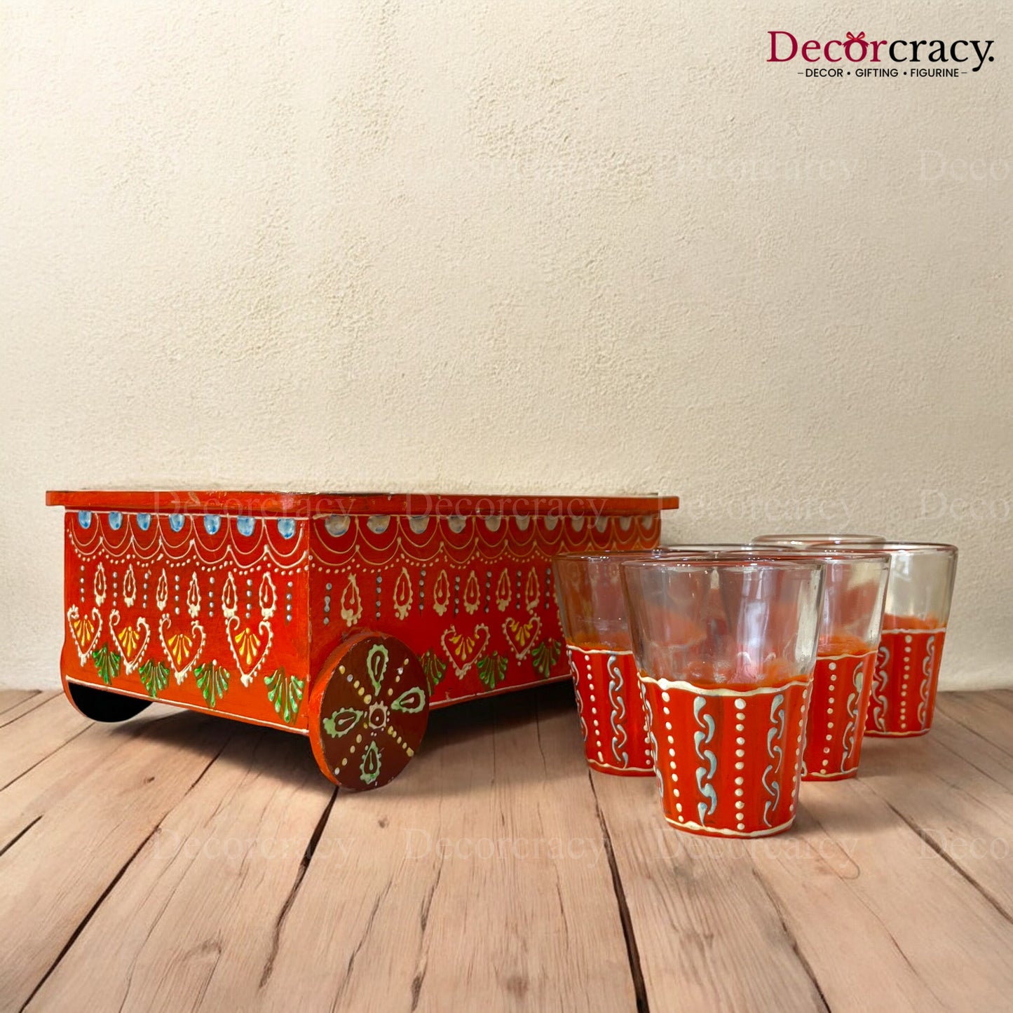 6pc Glass Thela Set Hand Painted Wooden Rajasthani
