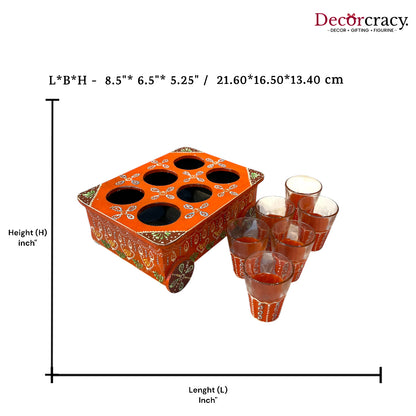 6pc Glass Thela Set Hand Painted Wooden Rajasthani