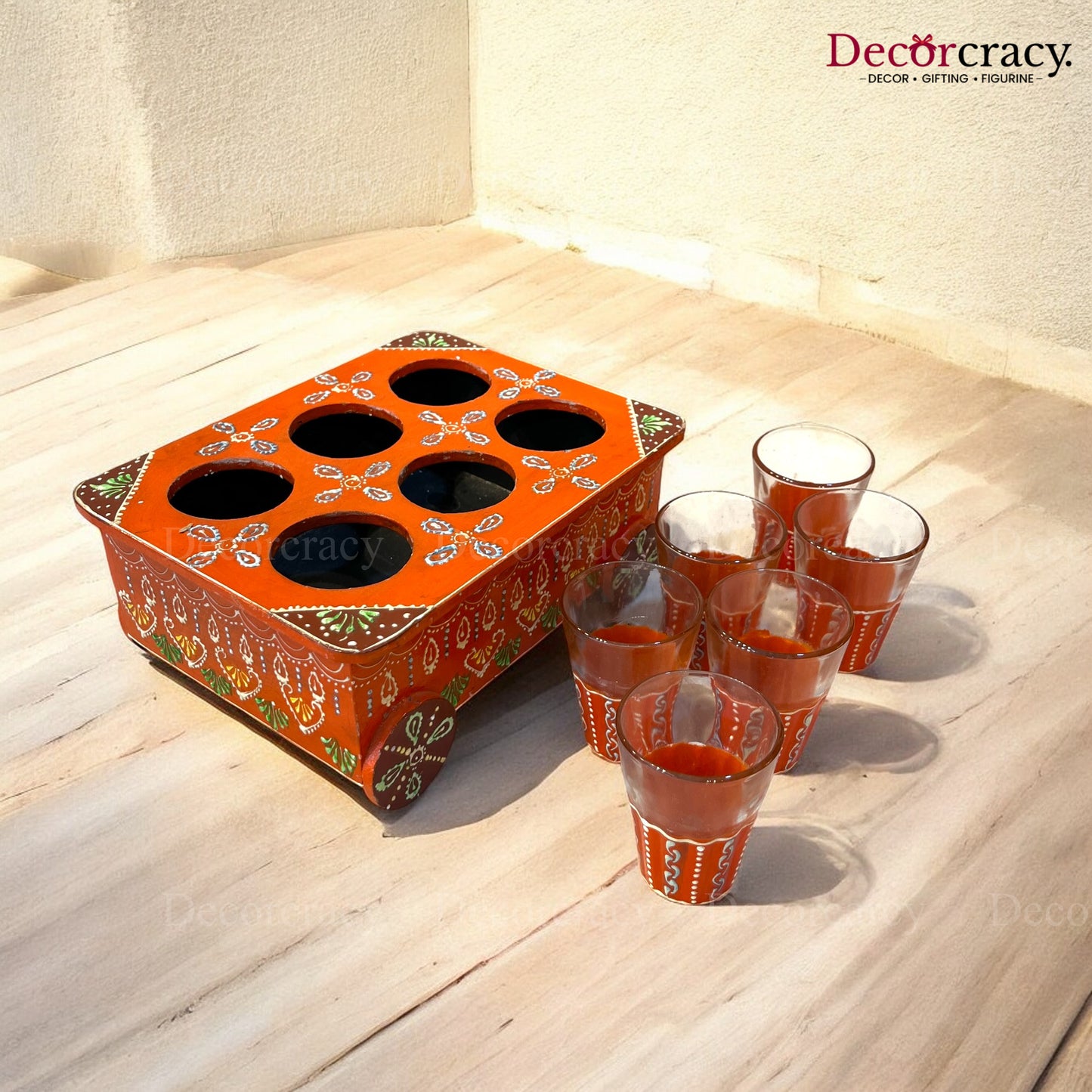 6pc Glass Thela Set Hand Painted Wooden Rajasthani
