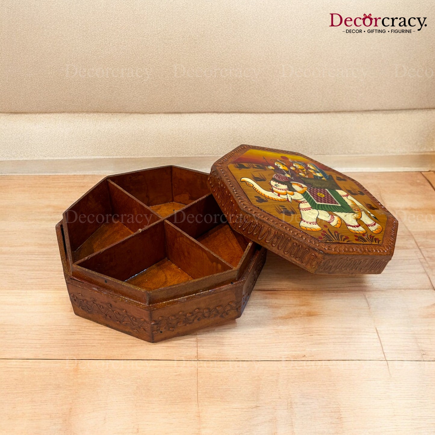 8 Side Dry Fruit Mukhwas Box Hand Painted Antique Brown Wooden Rajasthani Dhola Maru