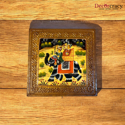 Dry Fruit Mukhwas Box Square Hand Painted Antique Brown Wooden Rajasthani Dhola Maru