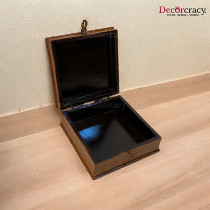 Dry Fruit Mukhwas Box Square Hand Painted Antique Brown Wooden Rajasthani Dhola Maru