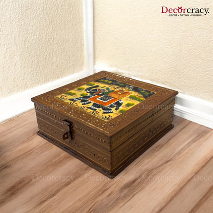 Dry Fruit Mukhwas Box Square Hand Painted Antique Brown Wooden Rajasthani Dhola Maru