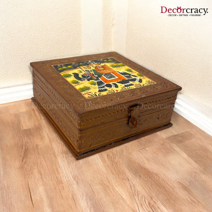 Dry Fruit Mukhwas Box Square Hand Painted Antique Brown Wooden Rajasthani Dhola Maru