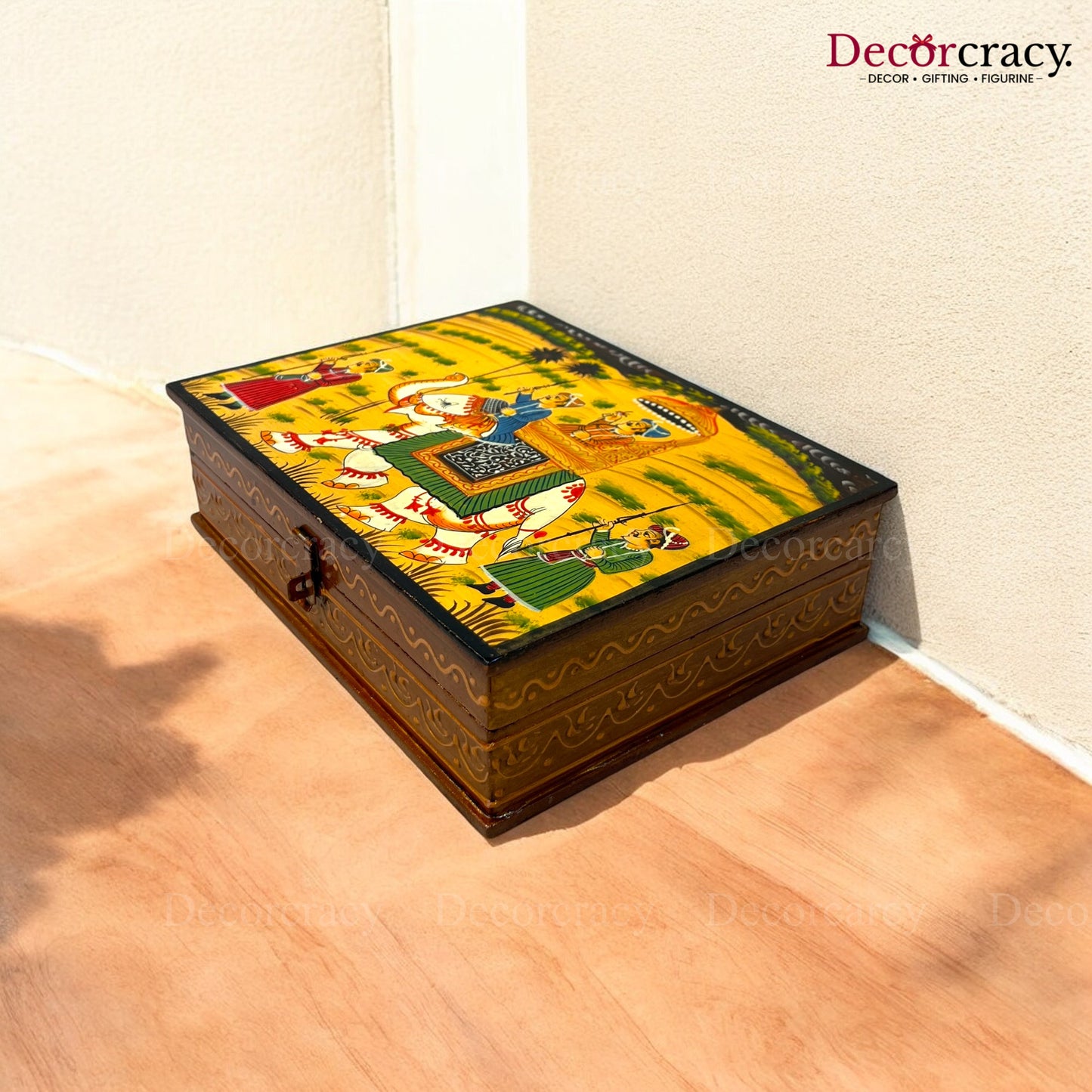 Dry Fruit Mukhwas Box Rectangle Hand Painted Antique Brown Wooden Rajasthani Dhola Maru