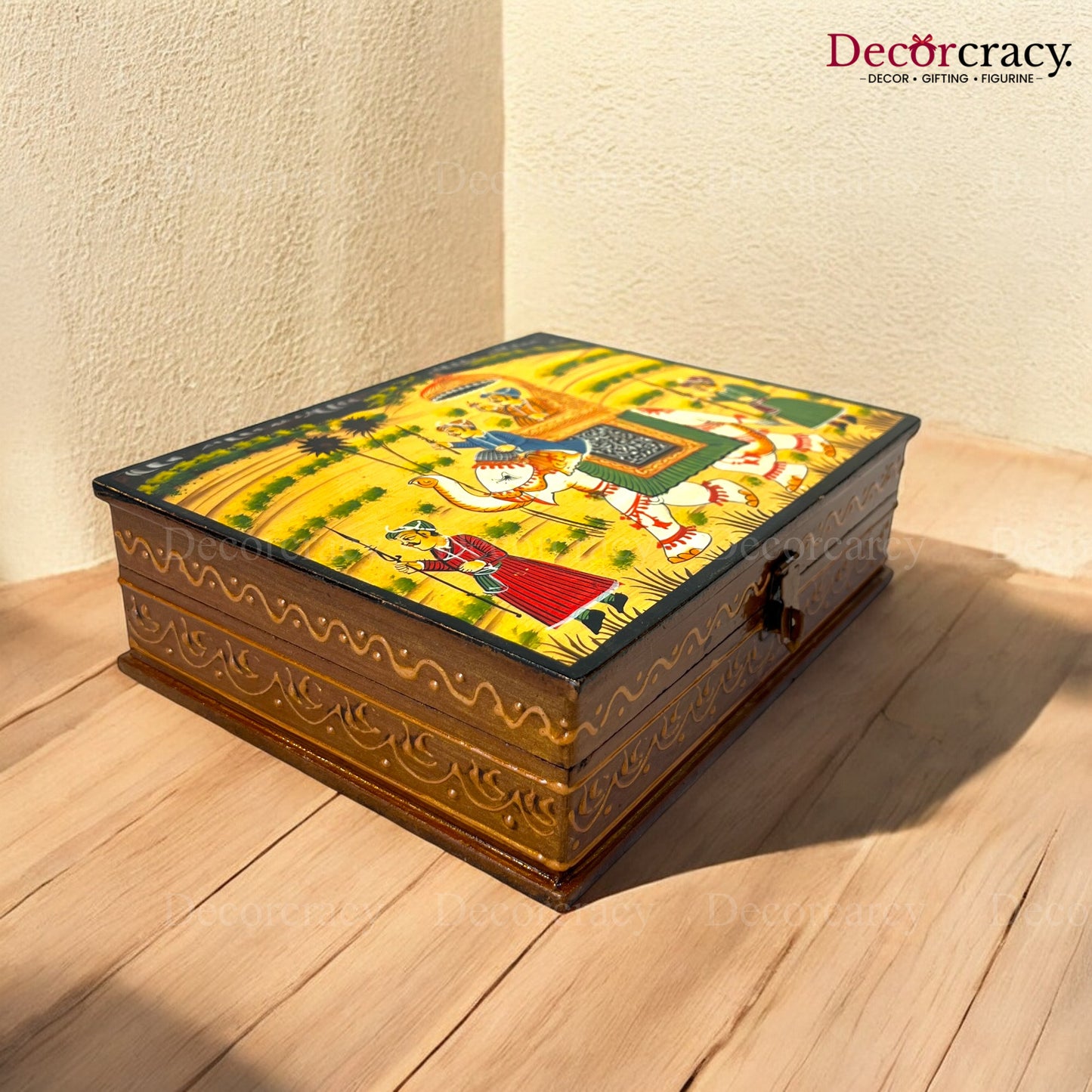 Dry Fruit Mukhwas Box Rectangle Hand Painted Antique Brown Wooden Rajasthani Dhola Maru