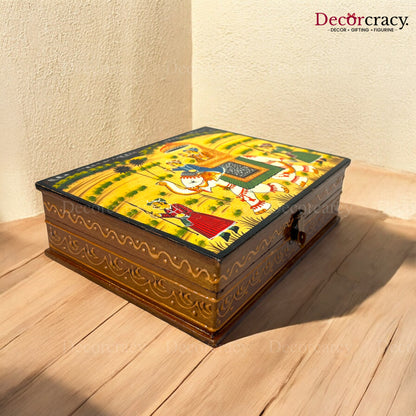 Dry Fruit Mukhwas Box Rectangle Hand Painted Antique Brown Wooden Rajasthani Dhola Maru