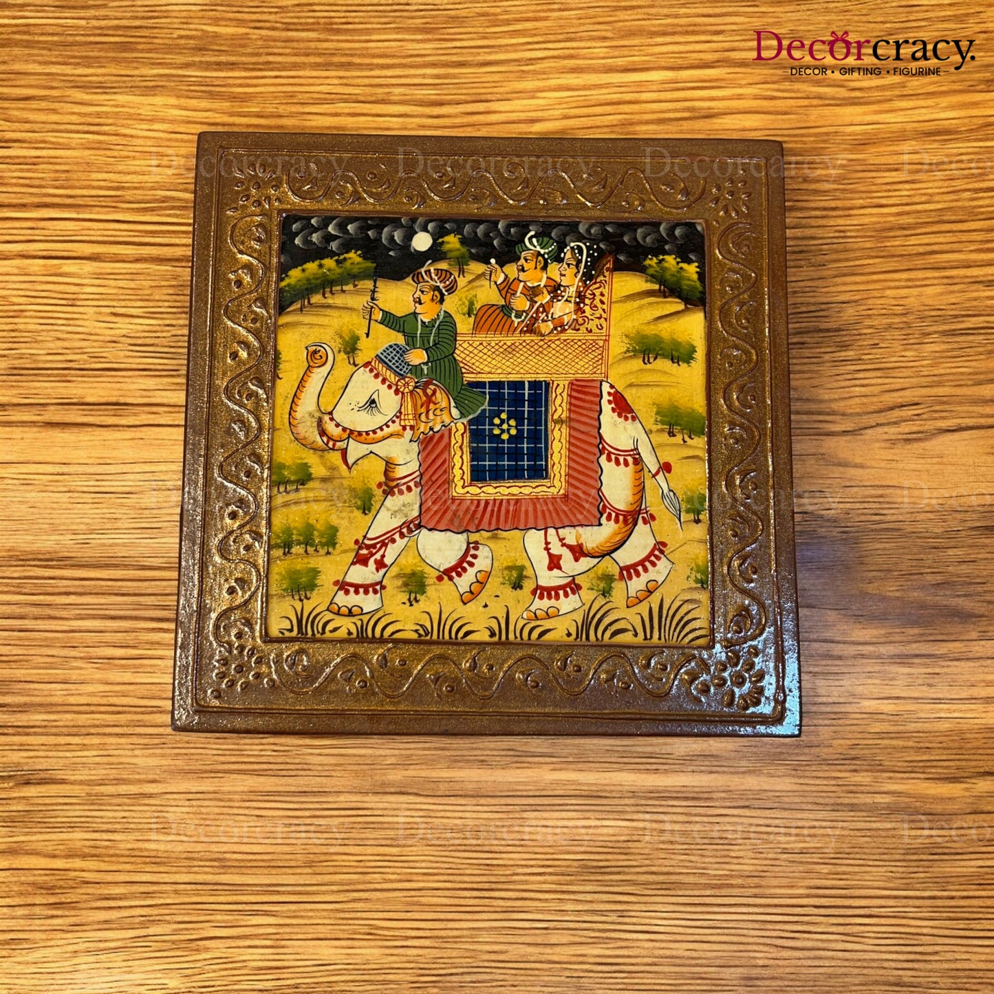 Dry Fruit Mukhwas Box Square Hand Painted Antique Brown Wooden Rajasthani Dhola Maru