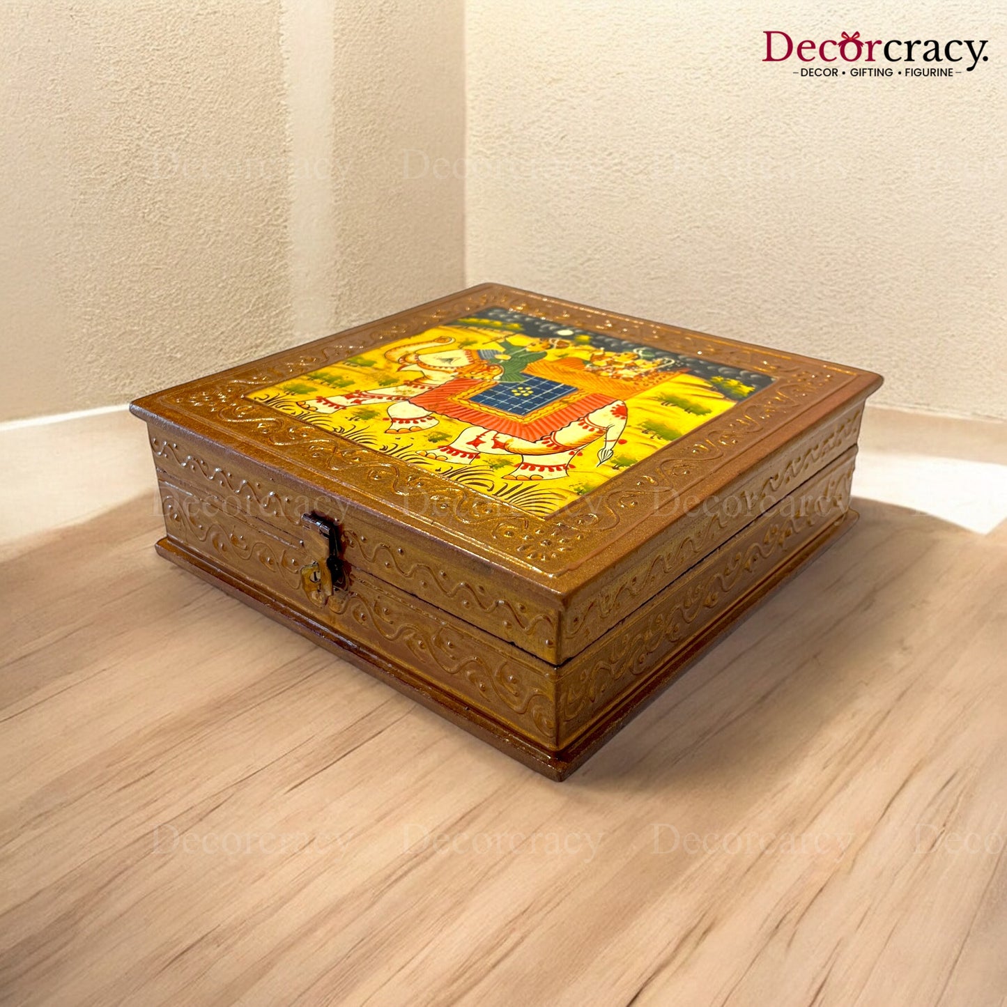 Dry Fruit Mukhwas Box Square Hand Painted Antique Brown Wooden Rajasthani Dhola Maru