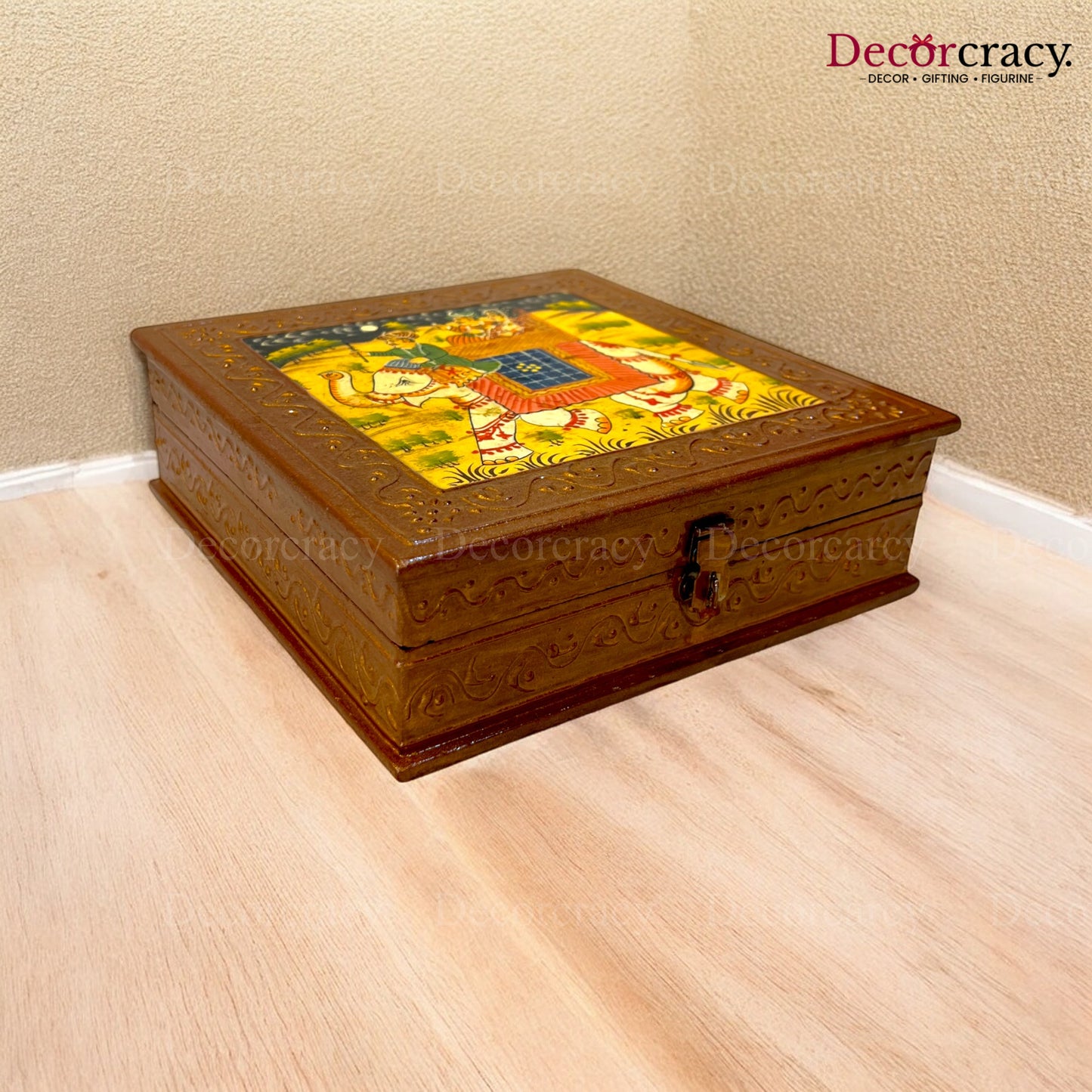 Dry Fruit Mukhwas Box Square Hand Painted Antique Brown Wooden Rajasthani Dhola Maru
