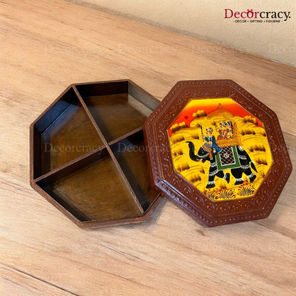 8 Side Dry Fruit Mukhwas Box Hand Painted Antique Brown Wooden Rajasthani Dhola Maru