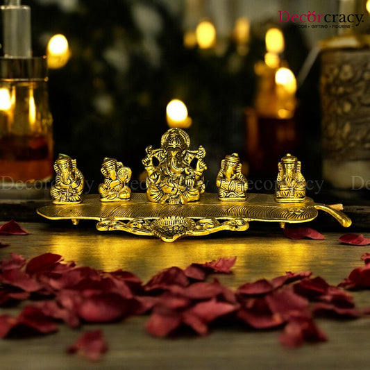 5 Ganesh Oil Deepak with Musical Instrument on Leaf Patta Ganesh Metal golden