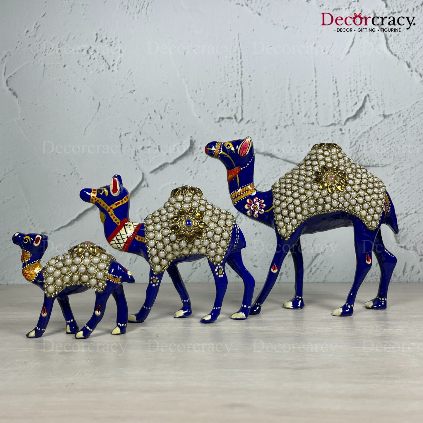 Camel Pearl 3Pc Metal Meenakari Art Hand Painted Animal Set Blue/Multi