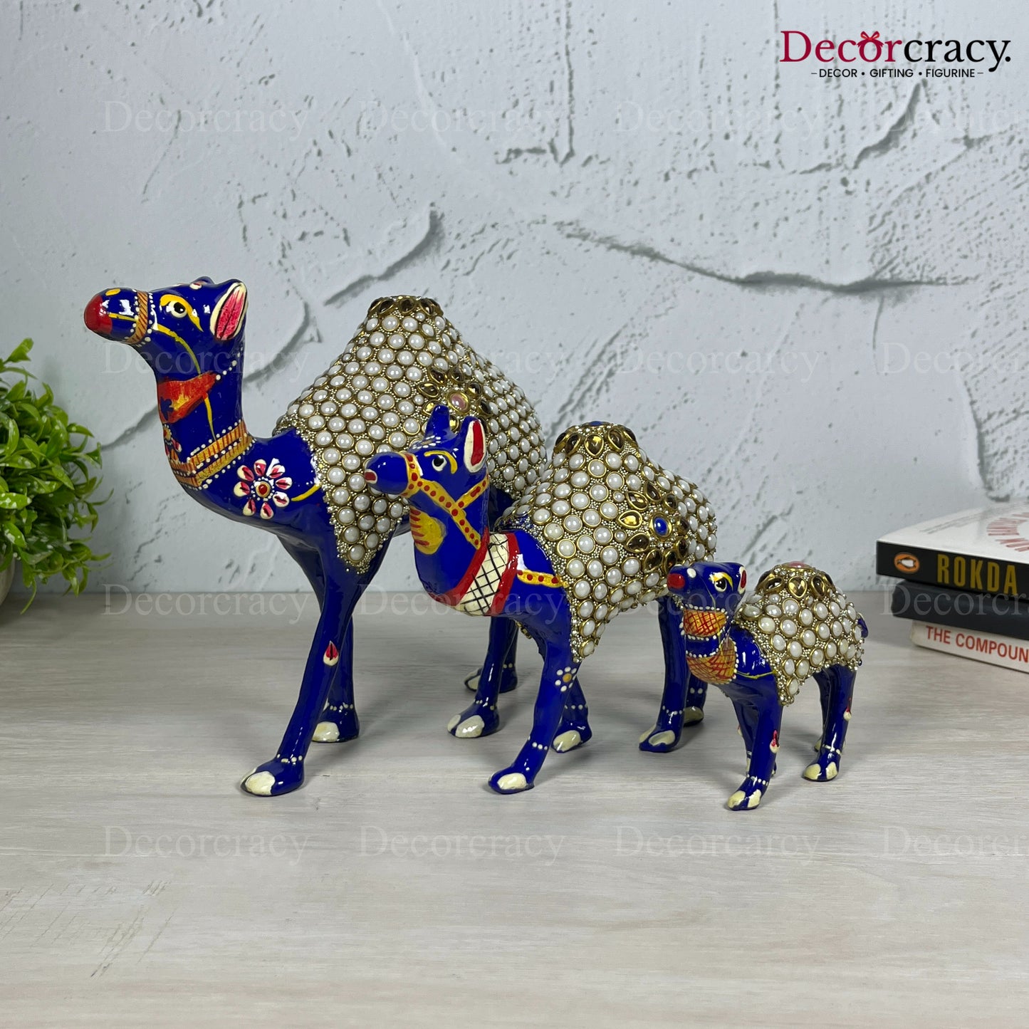 Camel Pearl 3Pc Metal Meenakari Art Hand Painted Animal Set Blue/Multi