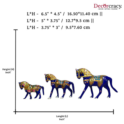 Horse 3Pc Metal Meenakari Art Hand Painted Animal Set Blue/Multi