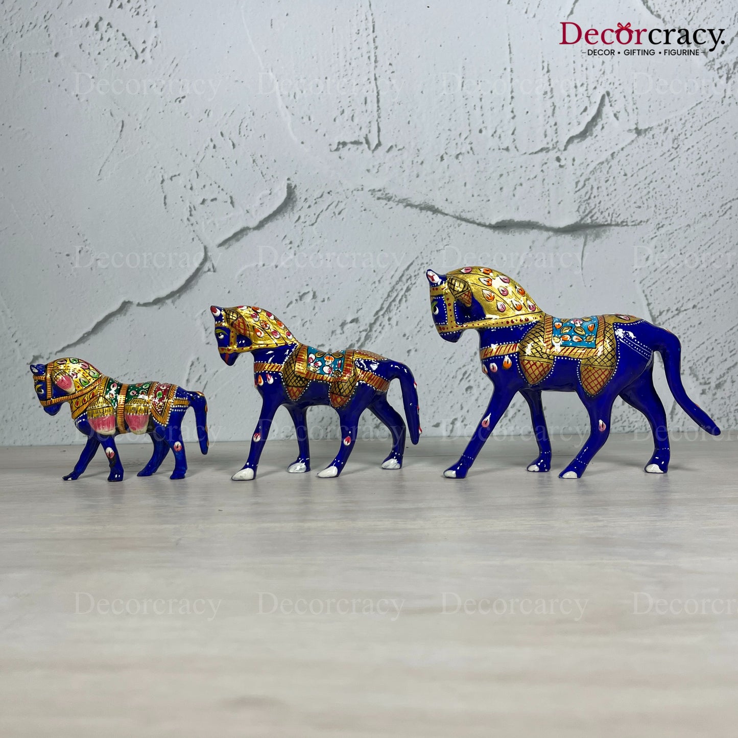Horse 3Pc Metal Meenakari Art Hand Painted Animal Set Blue/Multi