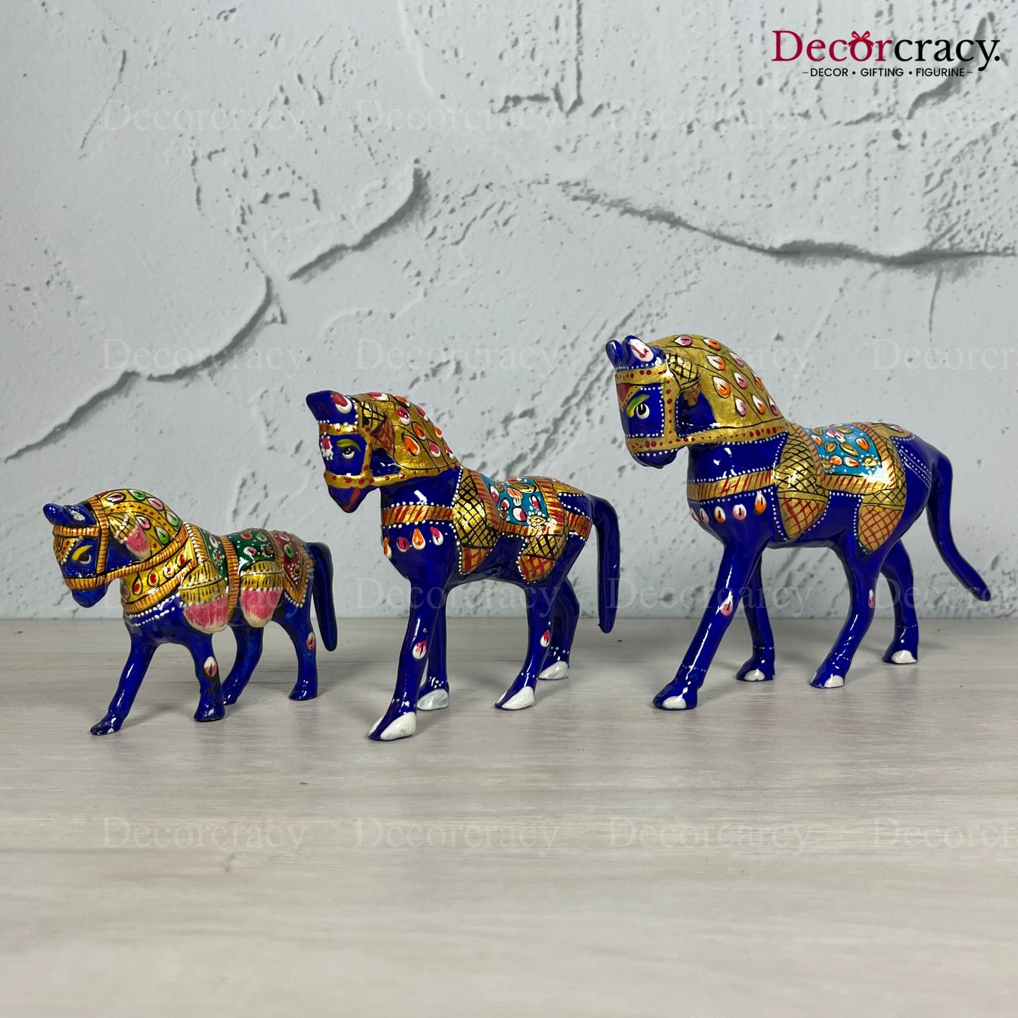 Horse 3Pc Metal Meenakari Art Hand Painted Animal Set Blue/Multi