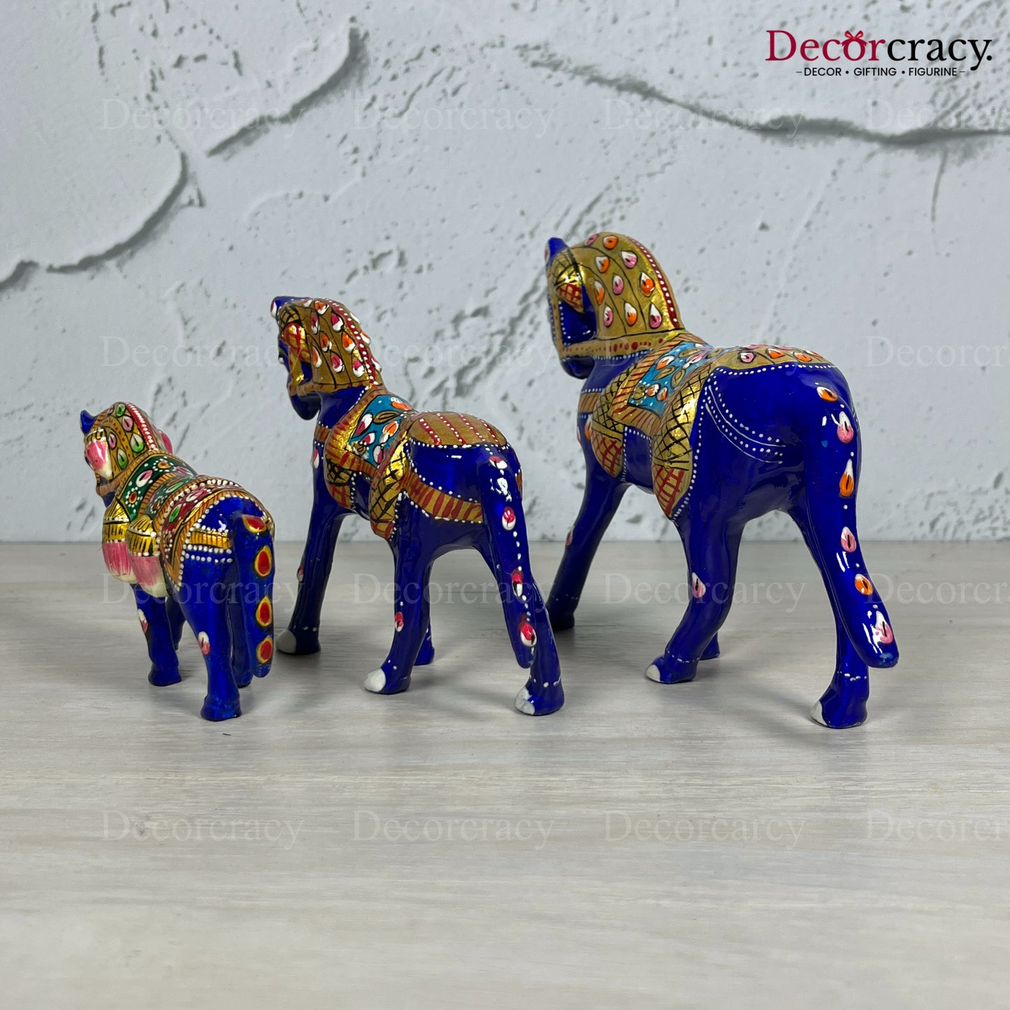 Horse 3Pc Metal Meenakari Art Hand Painted Animal Set Blue/Multi