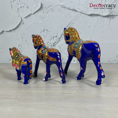 Horse 3Pc Metal Meenakari Art Hand Painted Animal Set Blue/Multi