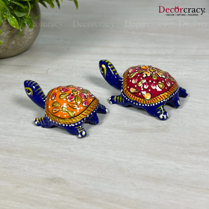 Tortoise 2Pc Metal Meenakari Art Hand Painted Animal Set Blue/Multi