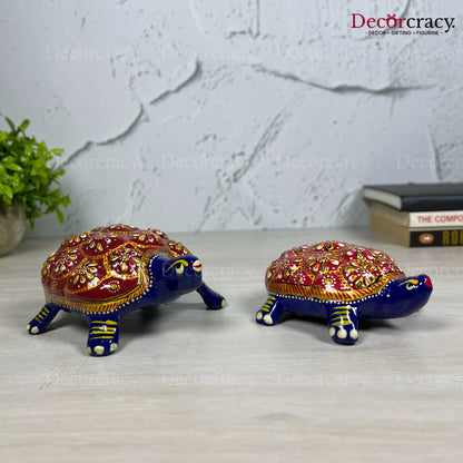 Tortoise 2Pc Metal Meenakari Art Hand Painted Animal Set Blue/Multi