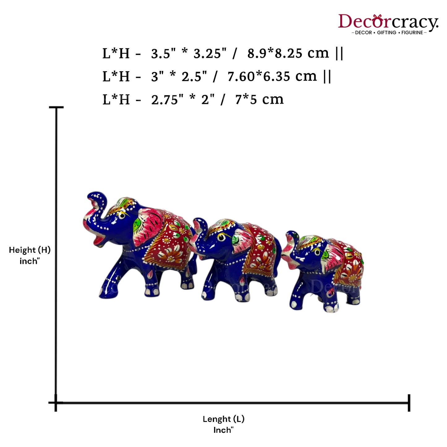 Elephant 3Pc Acrylic Plastic Meenakari Art Hand Painted Animal Set Blue/Multi