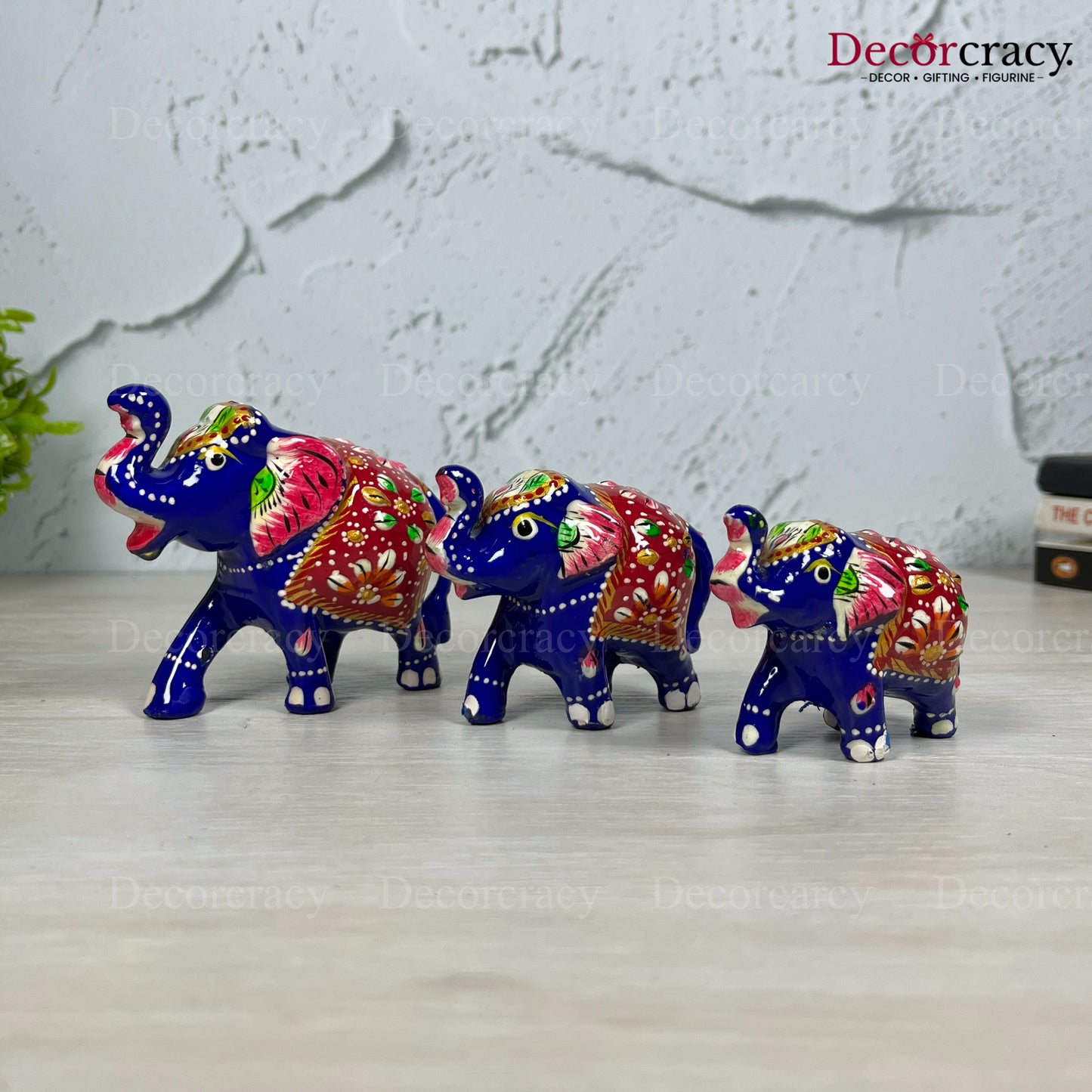 Elephant 3Pc Acrylic Plastic Meenakari Art Hand Painted Animal Set Blue/Multi
