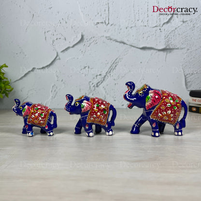 Elephant 3Pc Acrylic Plastic Meenakari Art Hand Painted Animal Set Blue/Multi