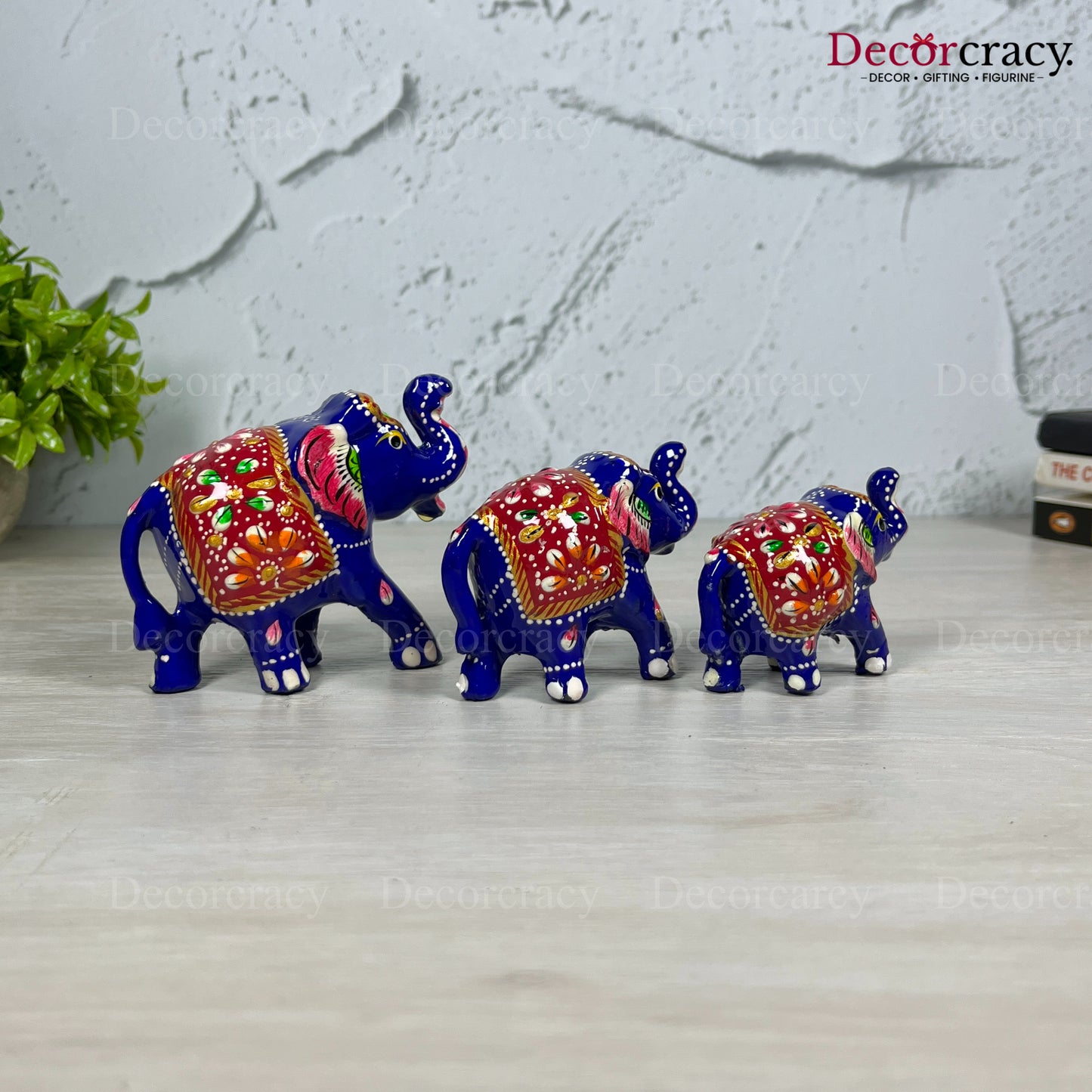 Elephant 3Pc Acrylic Plastic Meenakari Art Hand Painted Animal Set Blue/Multi