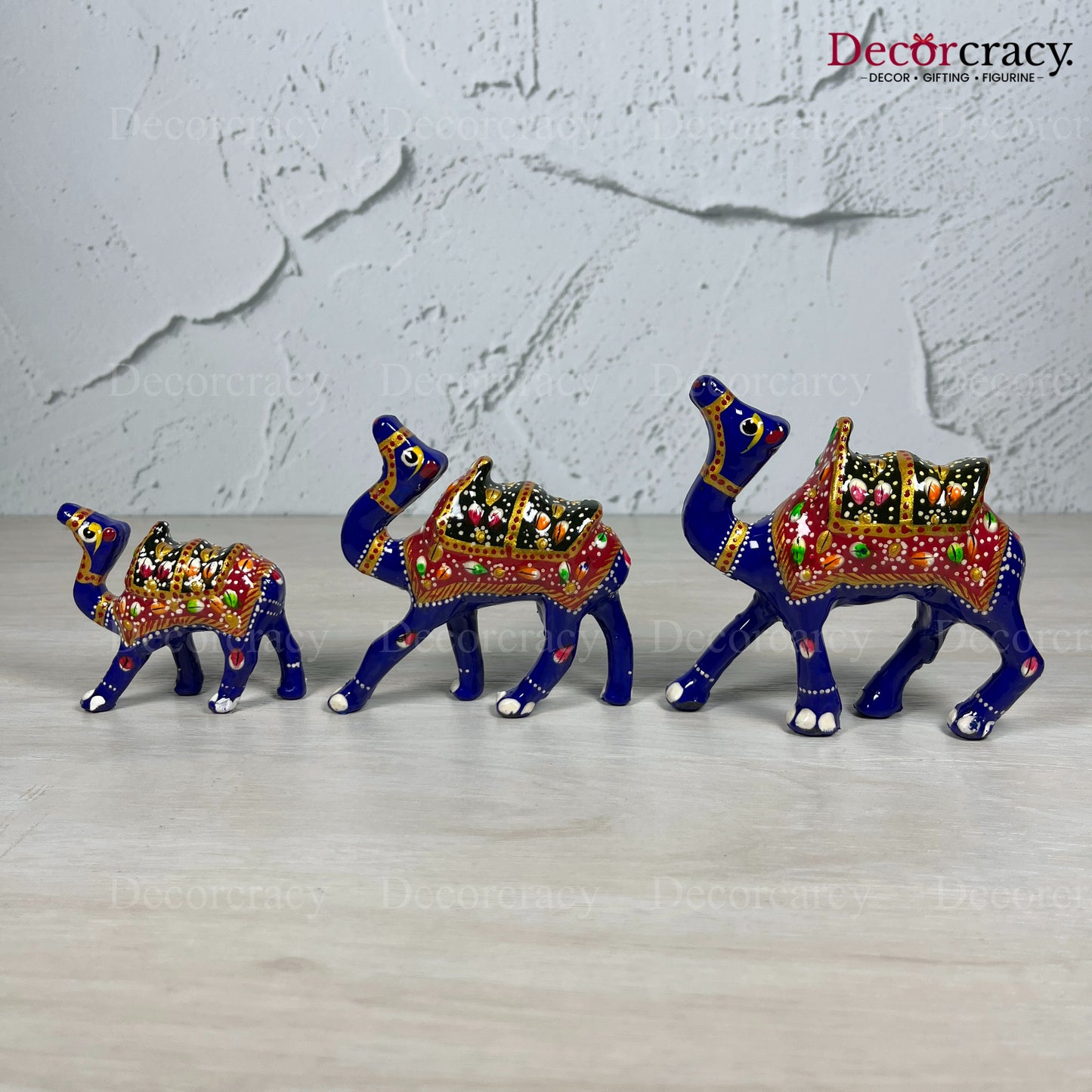 Camel 3Pc Acrylic Plastic Meenakari Art Hand Painted Animal Set Blue/Multi