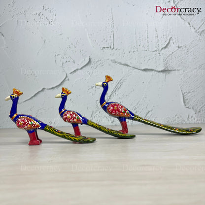 Peacock 3Pc Acrylic Plastic Meenakari Art Hand Painted Animal Set Blue/Multi