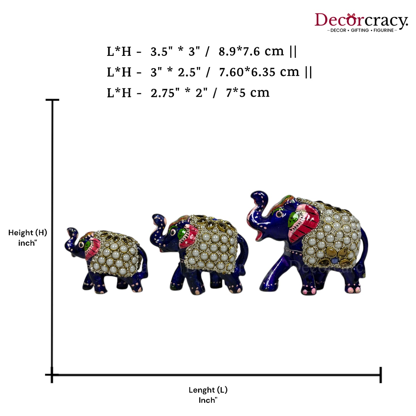 Elephant Stone 3Pc Acrylic Plastic Meenakari Art Hand Painted Animal Set Blue/Multi