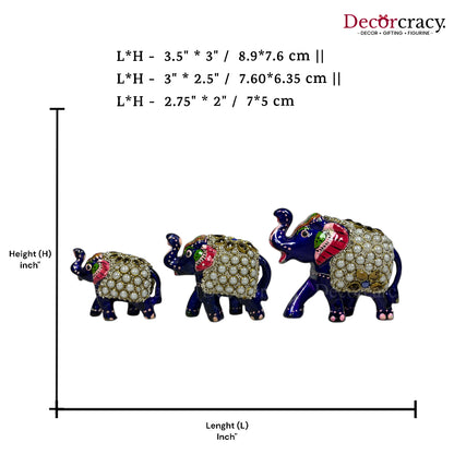 Elephant Stone 3Pc Acrylic Plastic Meenakari Art Hand Painted Animal Set Blue/Multi
